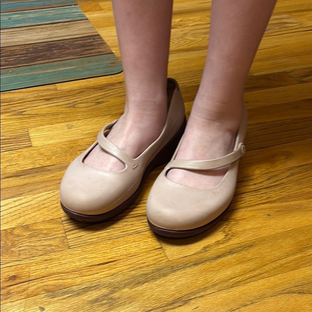 CROCS Beige Mary Jane Flats with Brown Soles